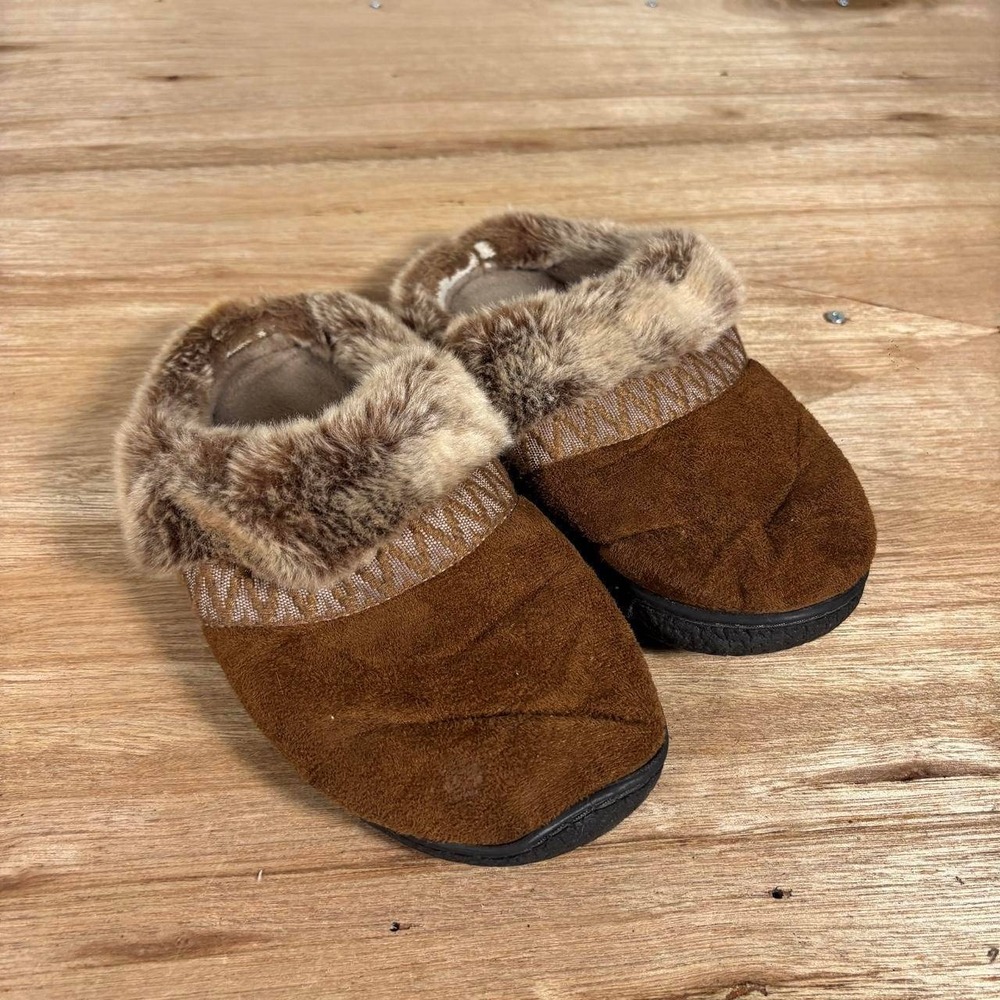 Isotoner Womens Brown‎ Microsuede Faux Fur Clog Slippers Size 6.5-7 Mules Cozy